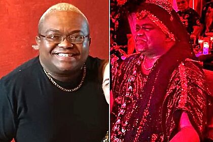 Homem vestindo preto e o mesmo travestido de líder religioso.