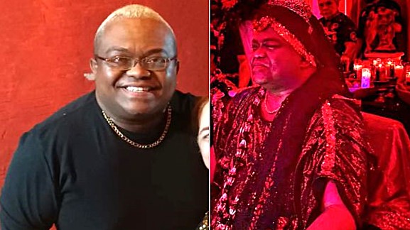 Homem vestindo preto e o mesmo travestido de líder religioso.