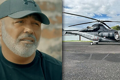 Montagem do cantor Rick ao lado do Helicóptero