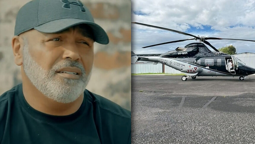 Montagem do cantor Rick ao lado do Helicóptero